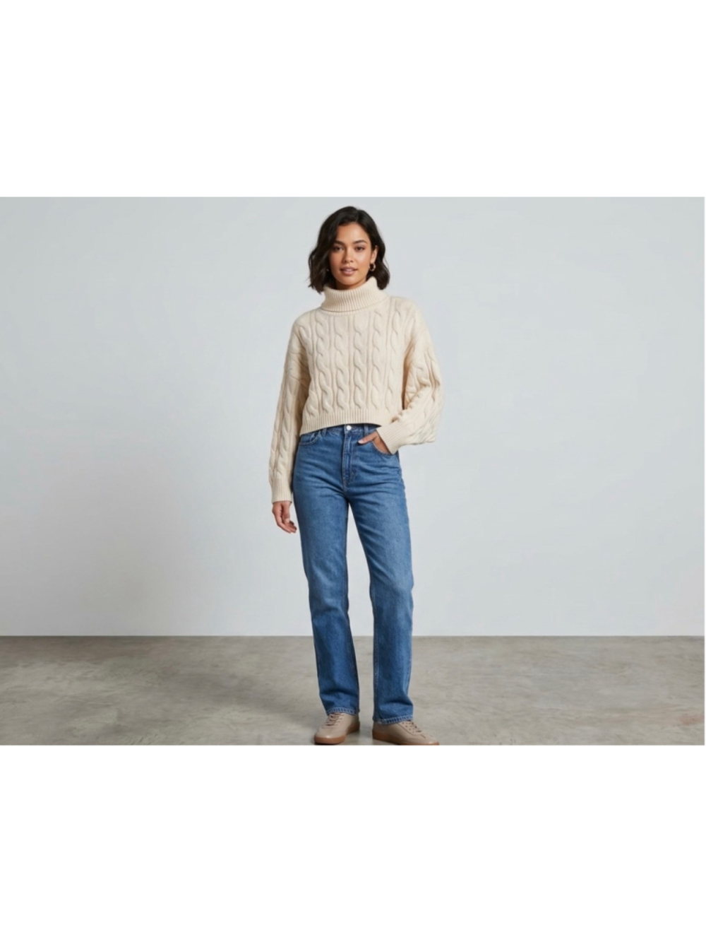 Molly Bracken Lili Sidonio Cable Knit Turtleneck Sweater Beige SizeM
